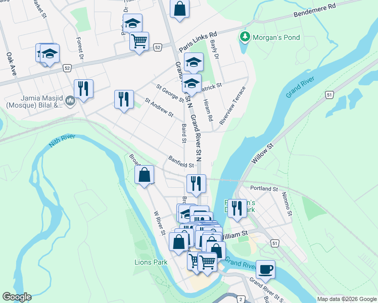 map of restaurants, bars, coffee shops, grocery stores, and more near 194 Grand River Street North in Brant
