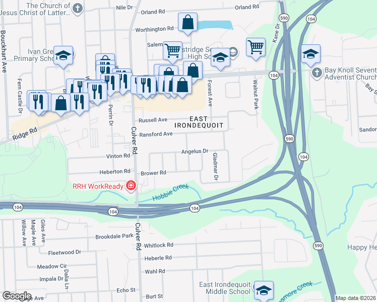 map of restaurants, bars, coffee shops, grocery stores, and more near 163 Angelus Drive in Rochester
