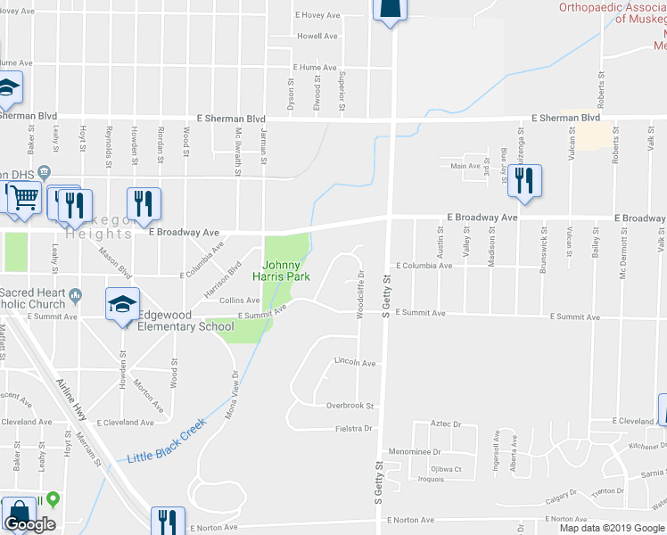 map of restaurants, bars, coffee shops, grocery stores, and more near 2818 Woodcliffe Drive in Muskegon Heights
