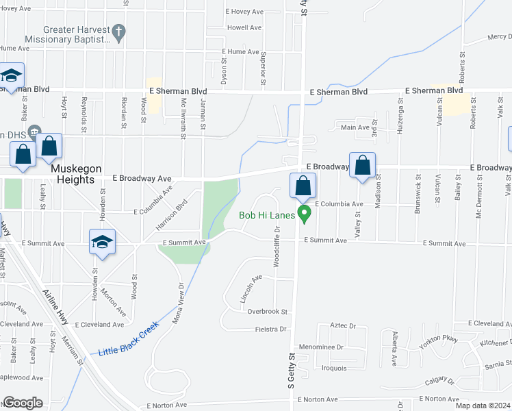 map of restaurants, bars, coffee shops, grocery stores, and more near 2818 Woodcliffe Drive in Muskegon Heights