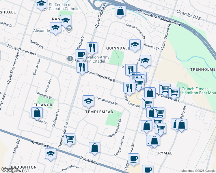 map of restaurants, bars, coffee shops, grocery stores, and more near 113 Anna Capri Drive in Hamilton