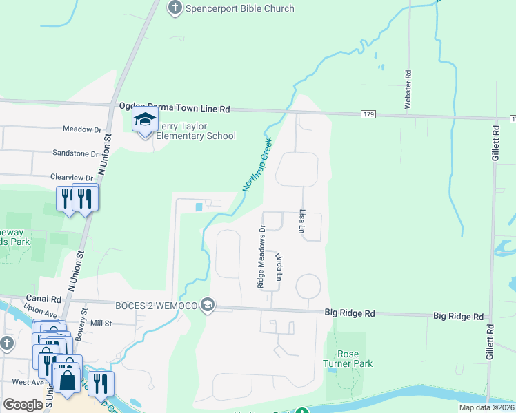 map of restaurants, bars, coffee shops, grocery stores, and more near 42 Ridge Meadows Drive in Spencerport