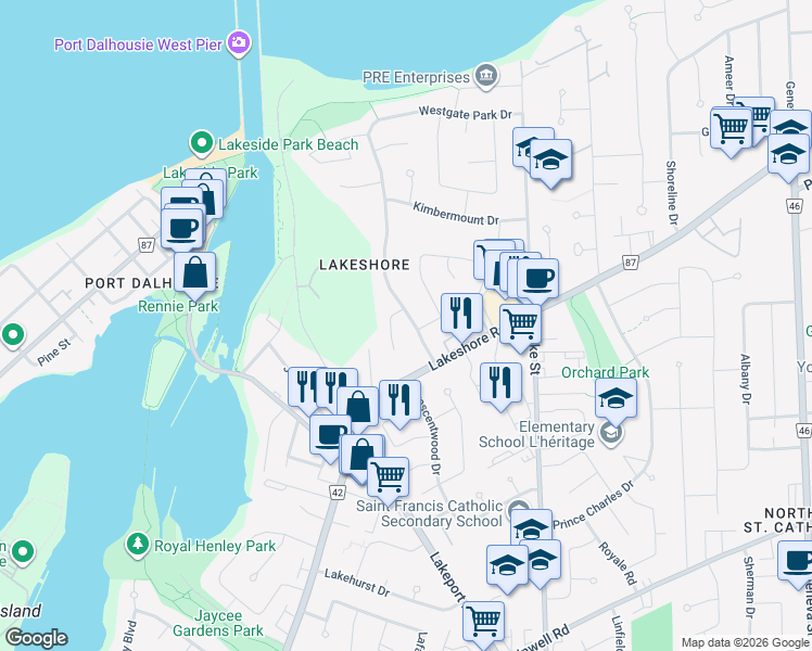 map of restaurants, bars, coffee shops, grocery stores, and more near 3 Kilkenny Drive in St. Catharines