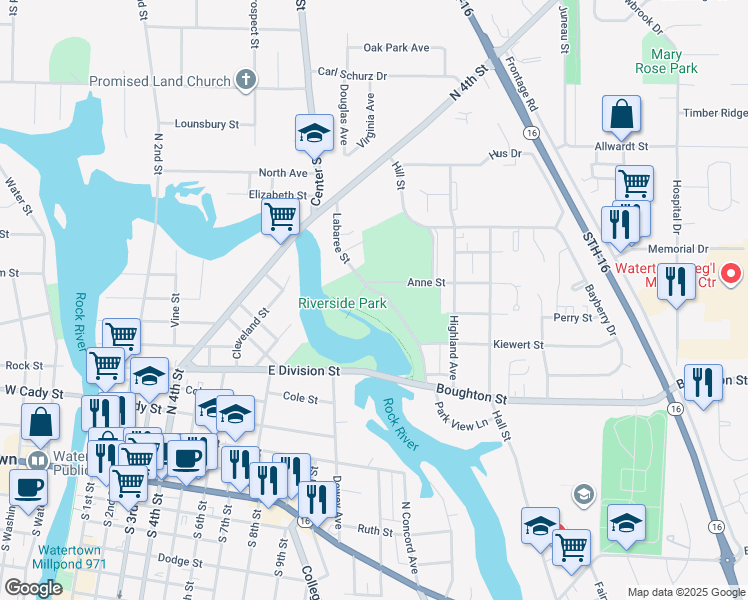 map of restaurants, bars, coffee shops, grocery stores, and more near 812 Labaree Street in Watertown