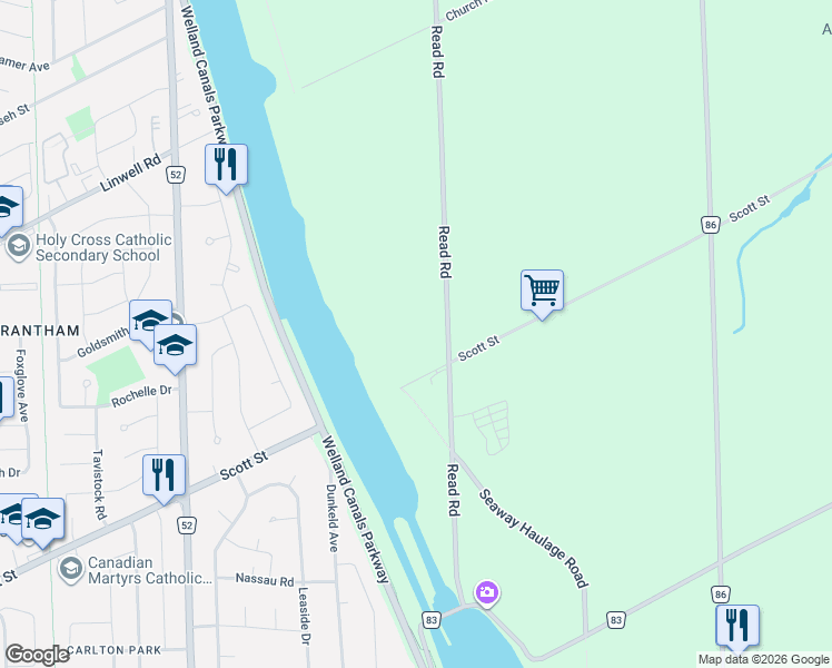 map of restaurants, bars, coffee shops, grocery stores, and more near 160 Read Road in St. Catharines