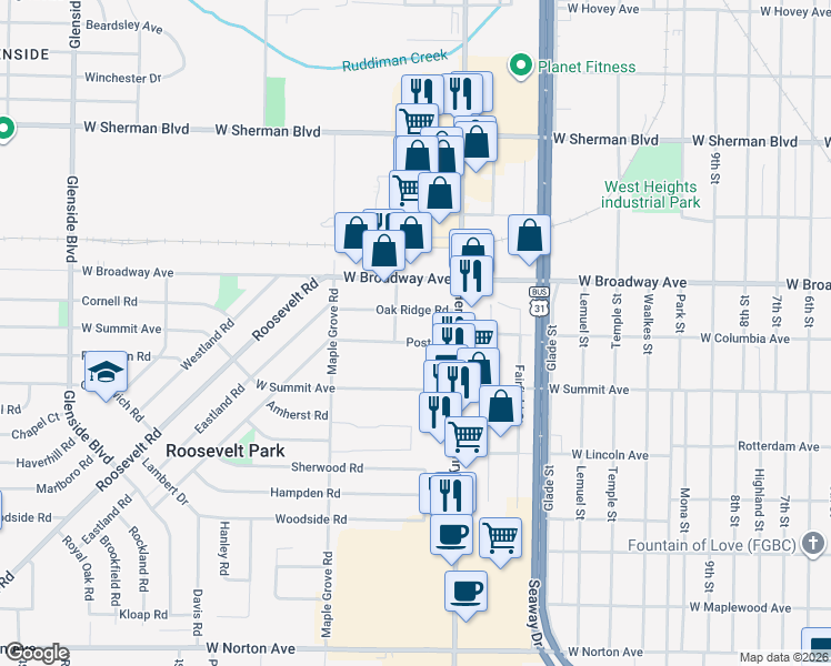 map of restaurants, bars, coffee shops, grocery stores, and more near 865 Oak Ridge Road in Muskegon