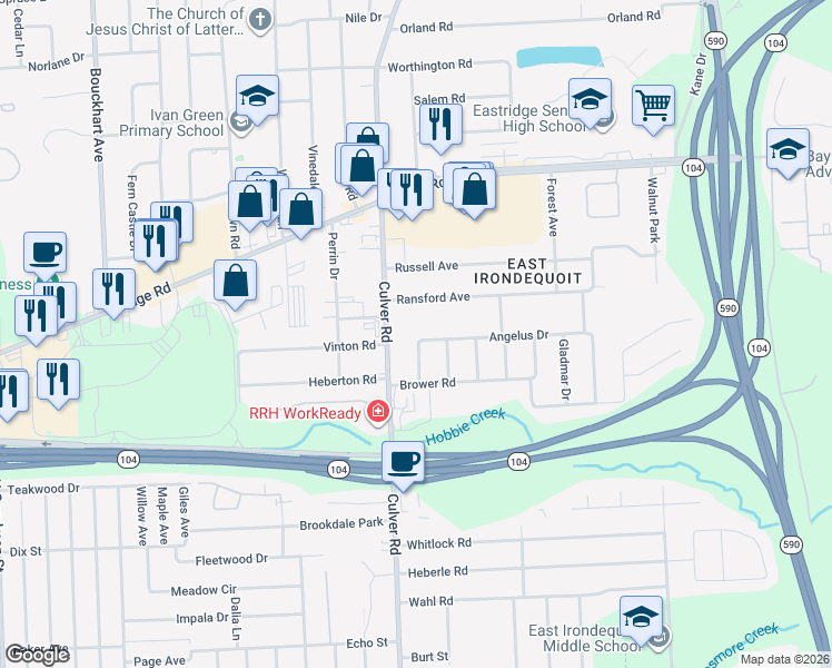map of restaurants, bars, coffee shops, grocery stores, and more near 59 Angelus Drive in Irondequoit