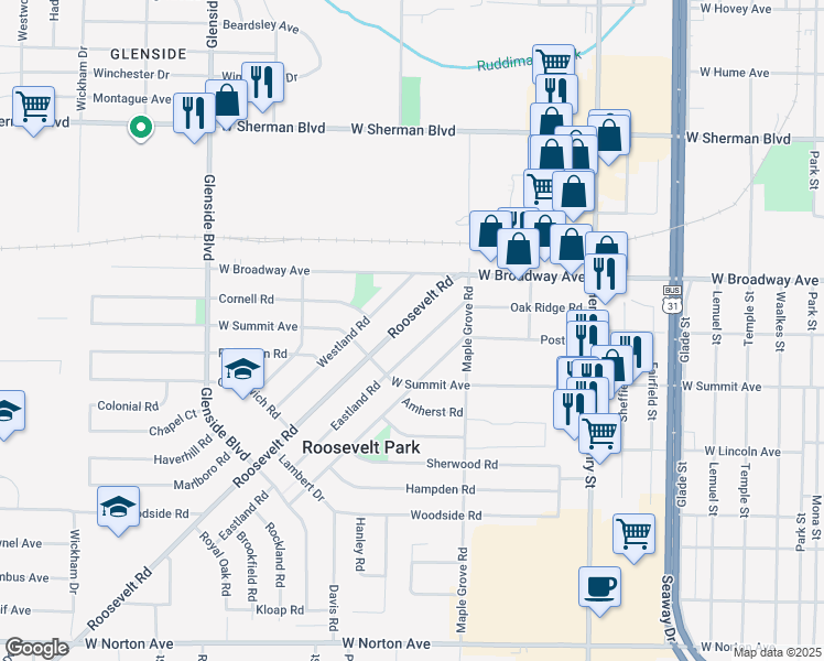 map of restaurants, bars, coffee shops, grocery stores, and more near 2903 Roosevelt Road in Muskegon