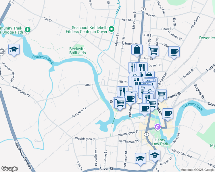 map of restaurants, bars, coffee shops, grocery stores, and more near 63 4th Street in Dover