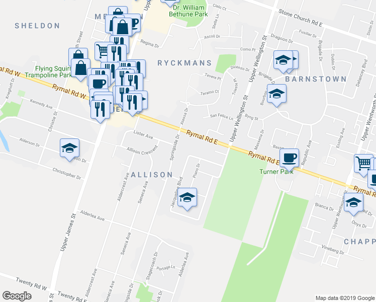 map of restaurants, bars, coffee shops, grocery stores, and more near 93 Jacqueline Boulevard in Hamilton