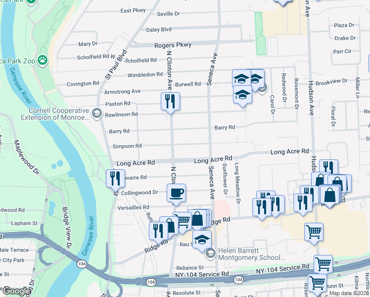 map of restaurants, bars, coffee shops, grocery stores, and more near 235 Simpson Road in Rochester