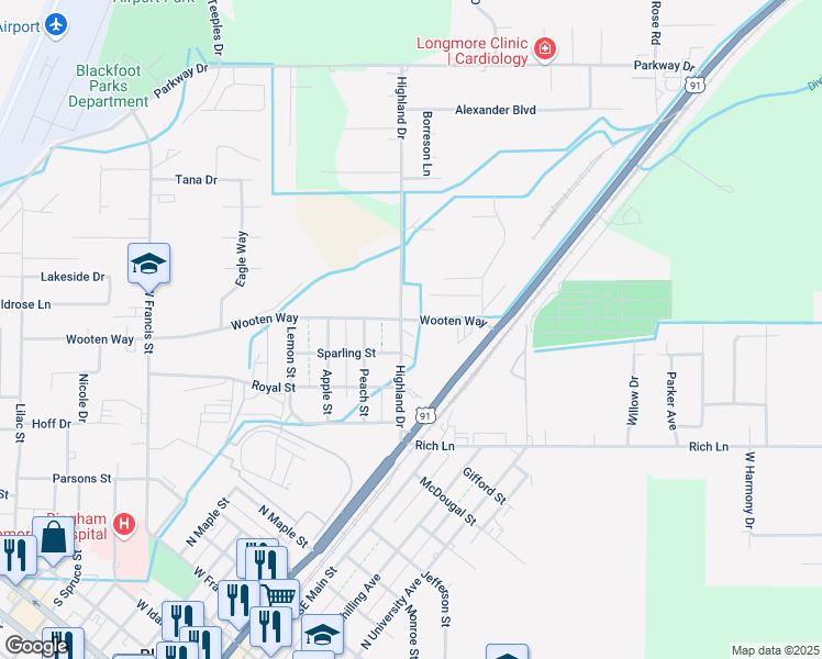 map of restaurants, bars, coffee shops, grocery stores, and more near 1495 Highland Drive in Blackfoot