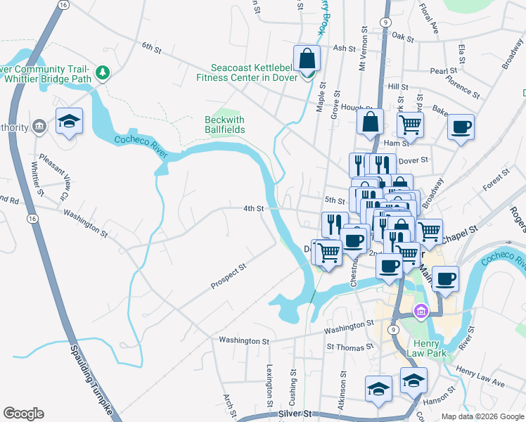 map of restaurants, bars, coffee shops, grocery stores, and more near 70 4th Street in Dover