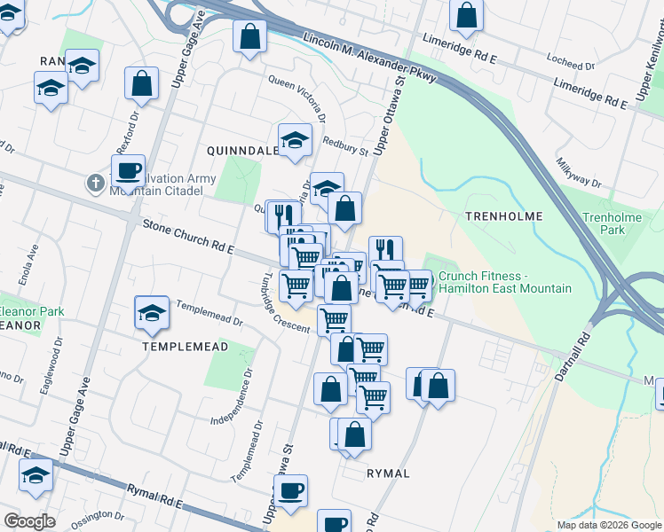 map of restaurants, bars, coffee shops, grocery stores, and more near 1396 Upper Ottawa Street in Hamilton