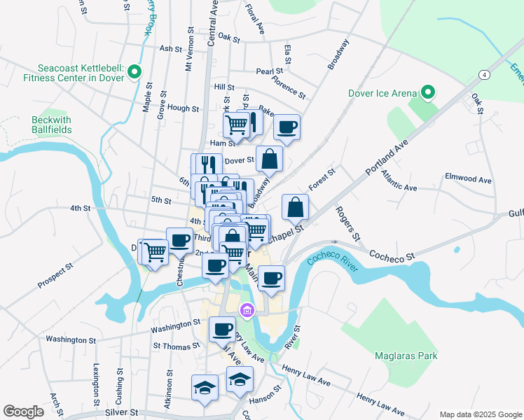 map of restaurants, bars, coffee shops, grocery stores, and more near 24 Durrell Street in Dover