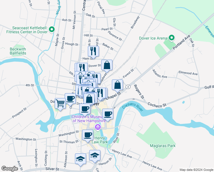 map of restaurants, bars, coffee shops, grocery stores, and more near 3 Flanders Court in Dover