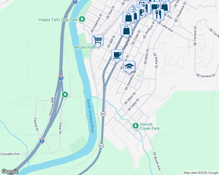 map of restaurants, bars, coffee shops, grocery stores, and more near 1667 Southeast Stephens Street in Roseburg