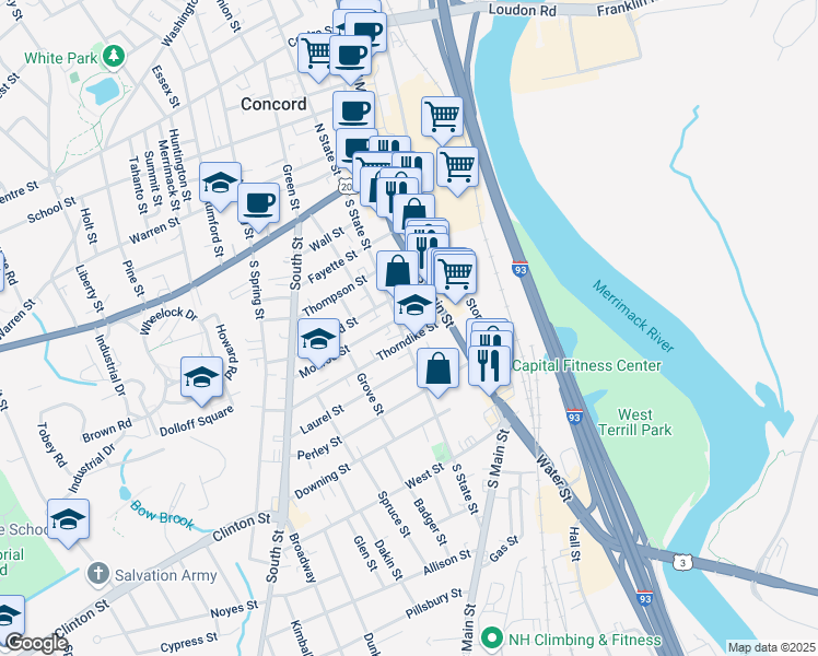 map of restaurants, bars, coffee shops, grocery stores, and more near 55-55.5 South State Street in Concord
