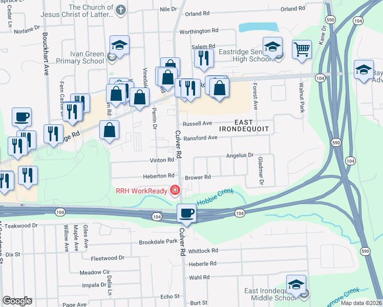 map of restaurants, bars, coffee shops, grocery stores, and more near 59 Angelus Drive in Irondequoit
