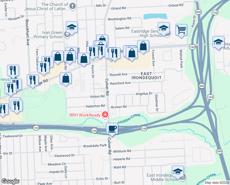 map of restaurants, bars, coffee shops, grocery stores, and more near 59 Angelus Drive in Irondequoit