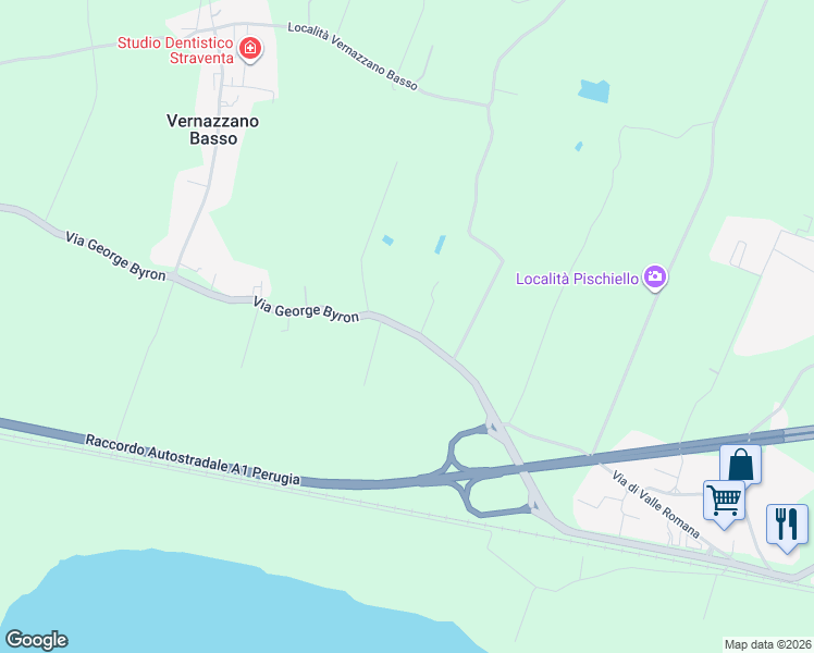map of restaurants, bars, coffee shops, grocery stores, and more near 53 Via George Byron in Provincia di Perugia