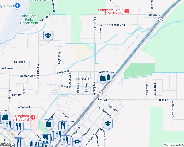 map of restaurants, bars, coffee shops, grocery stores, and more near 1495 Highland Drive in Blackfoot