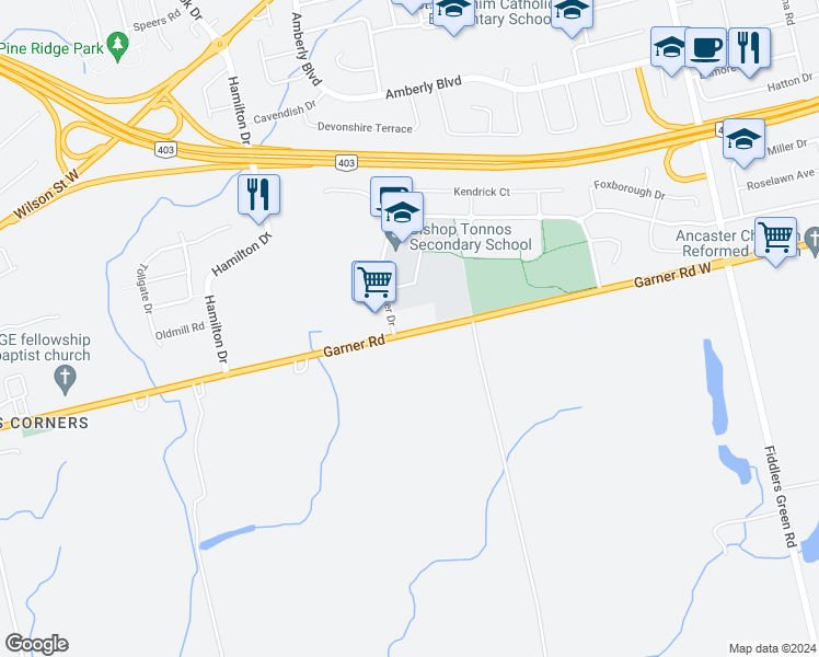 map of restaurants, bars, coffee shops, grocery stores, and more near 263 Garner Road West in Hamilton