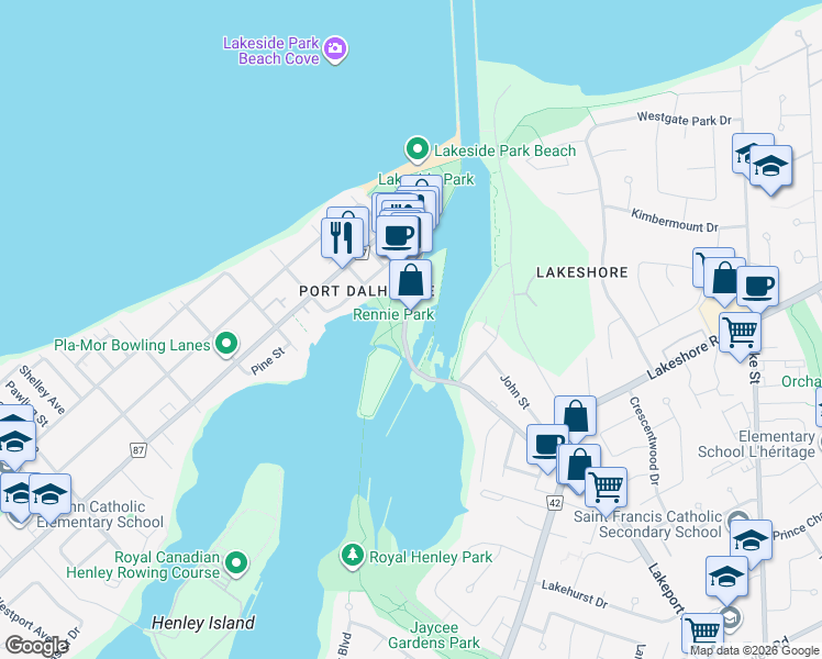 map of restaurants, bars, coffee shops, grocery stores, and more near 63 Regional Road 87 in St. Catharines