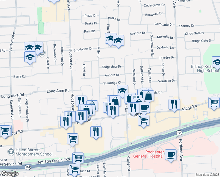 map of restaurants, bars, coffee shops, grocery stores, and more near 135 Kalyna Drive in Rochester