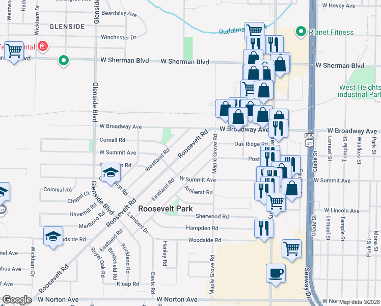 map of restaurants, bars, coffee shops, grocery stores, and more near 2907 Eastland Road in Muskegon