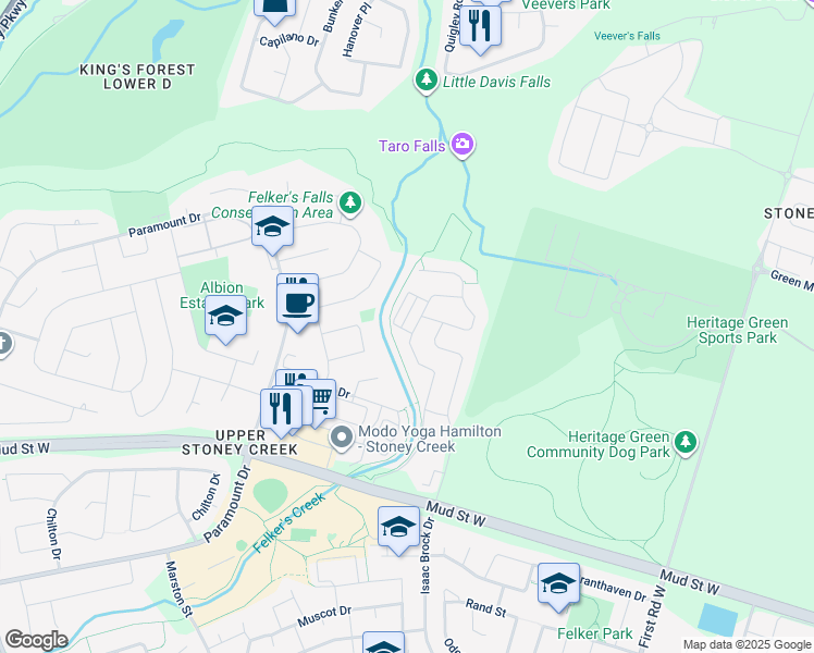 map of restaurants, bars, coffee shops, grocery stores, and more near 201 Westbank Trail in Hamilton