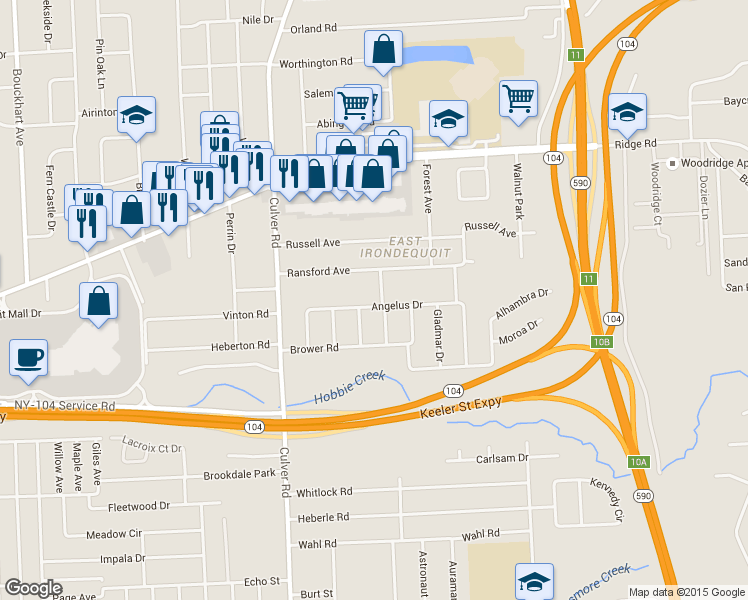 map of restaurants, bars, coffee shops, grocery stores, and more near 163 Angelus Dr in Rochester