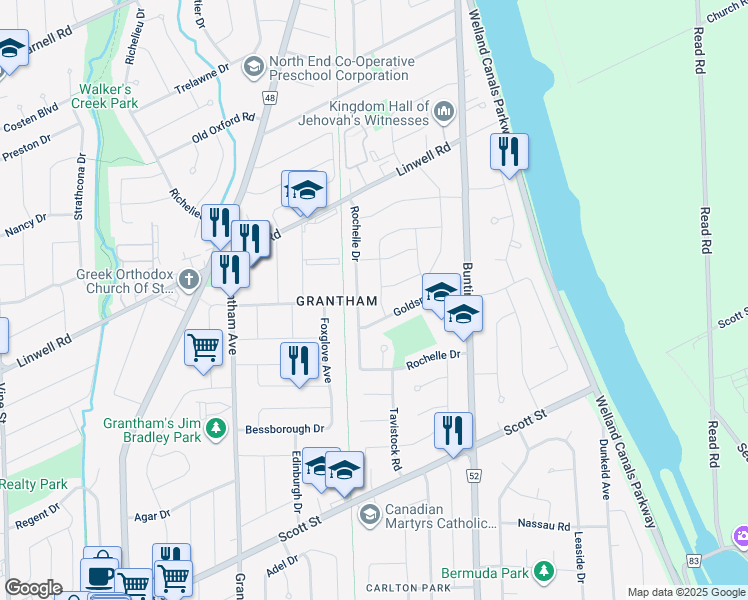 map of restaurants, bars, coffee shops, grocery stores, and more near in St. Catharines