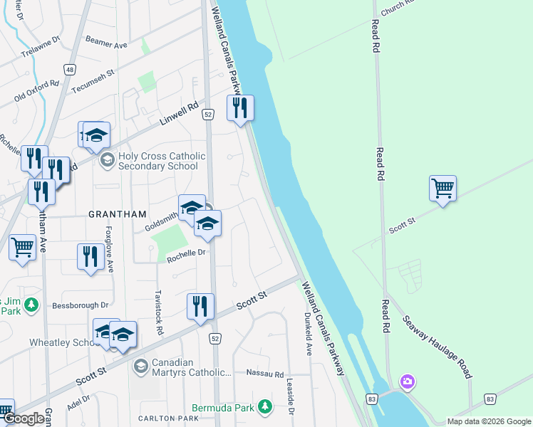 map of restaurants, bars, coffee shops, grocery stores, and more near 44 Lockview Crescent in St. Catharines