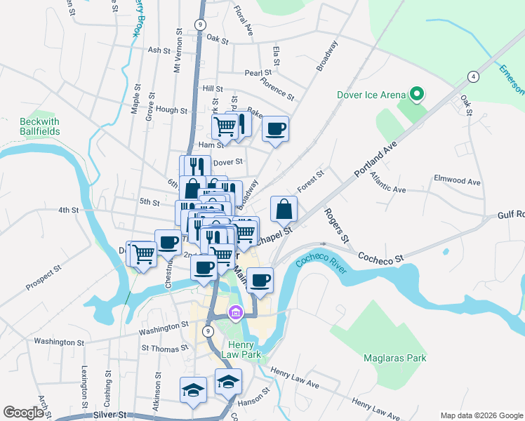 map of restaurants, bars, coffee shops, grocery stores, and more near 29 Durrell Street in Dover