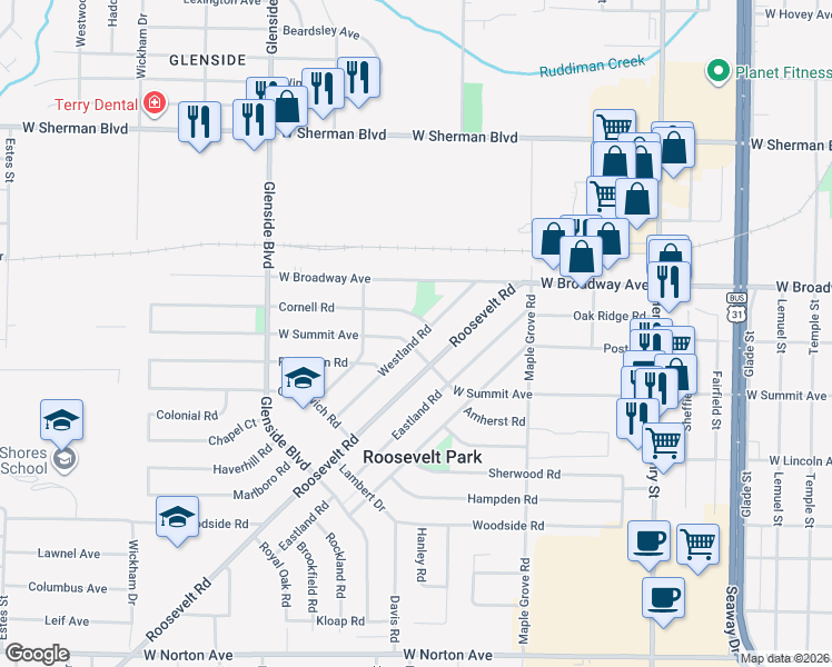 map of restaurants, bars, coffee shops, grocery stores, and more near 2907 Westland Road in Muskegon