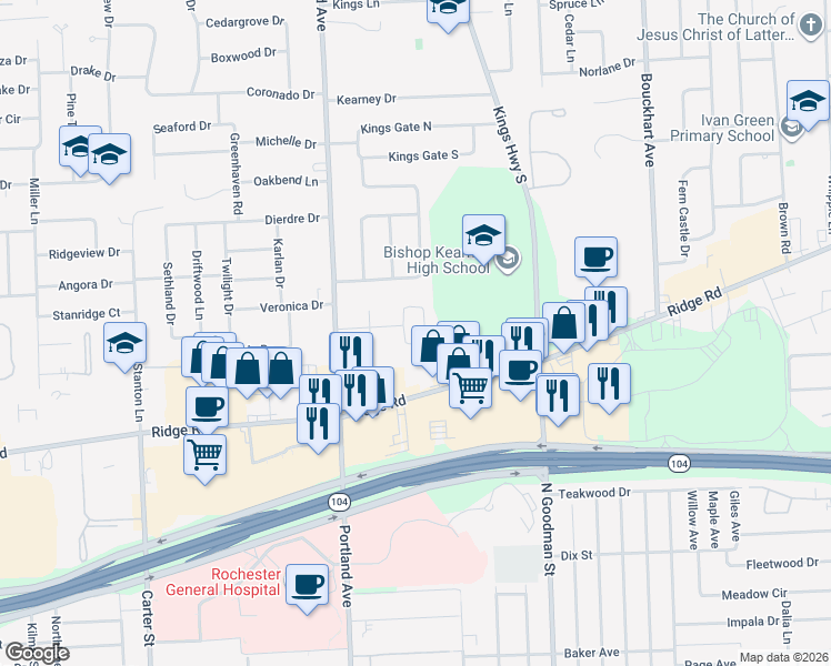 map of restaurants, bars, coffee shops, grocery stores, and more near 164 Ridgeport Drive in Irondequoit