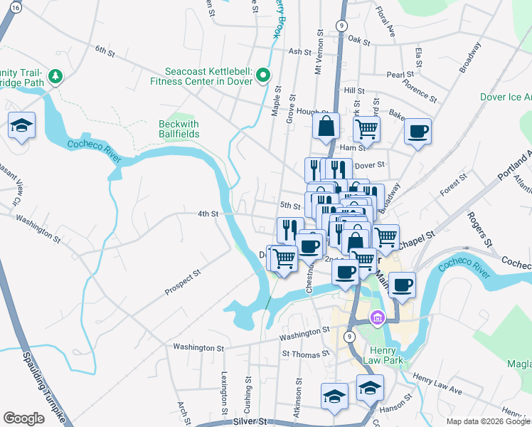 map of restaurants, bars, coffee shops, grocery stores, and more near 53B 4th Street in Dover