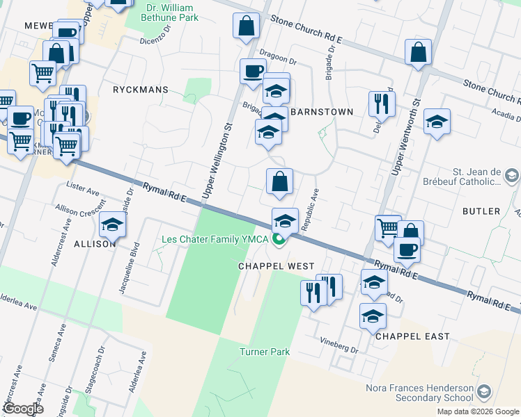 map of restaurants, bars, coffee shops, grocery stores, and more near 114 Bastille Street in Hamilton