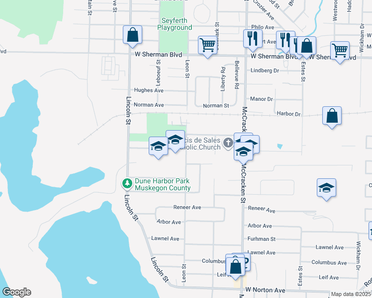 map of restaurants, bars, coffee shops, grocery stores, and more near 2951 Leon Street in Norton Shores