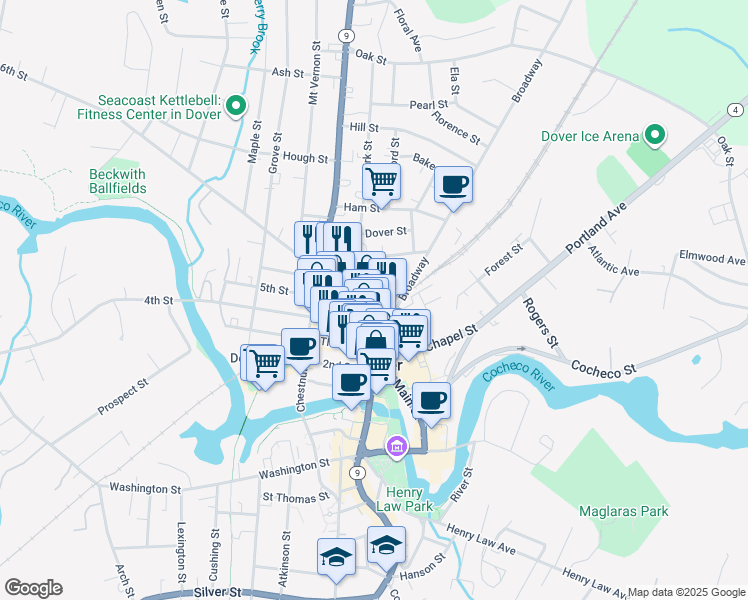 map of restaurants, bars, coffee shops, grocery stores, and more near 19 Pierce Street in Dover