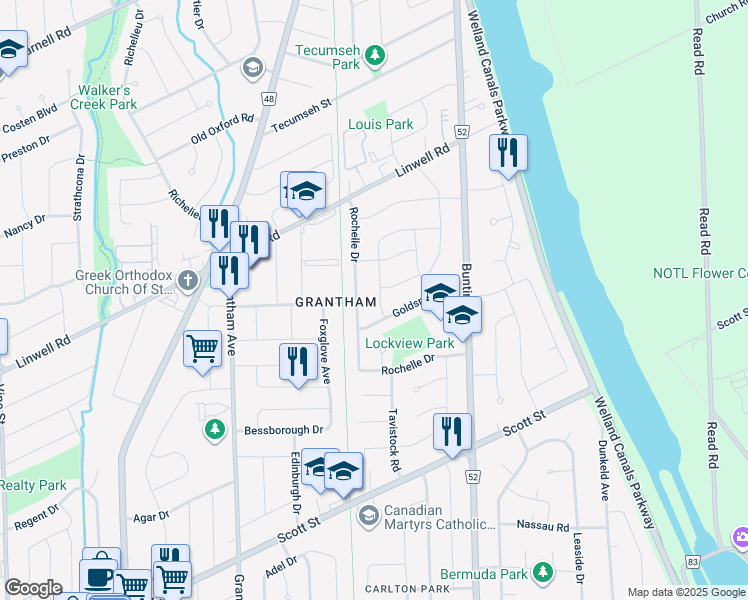 map of restaurants, bars, coffee shops, grocery stores, and more near in St. Catharines