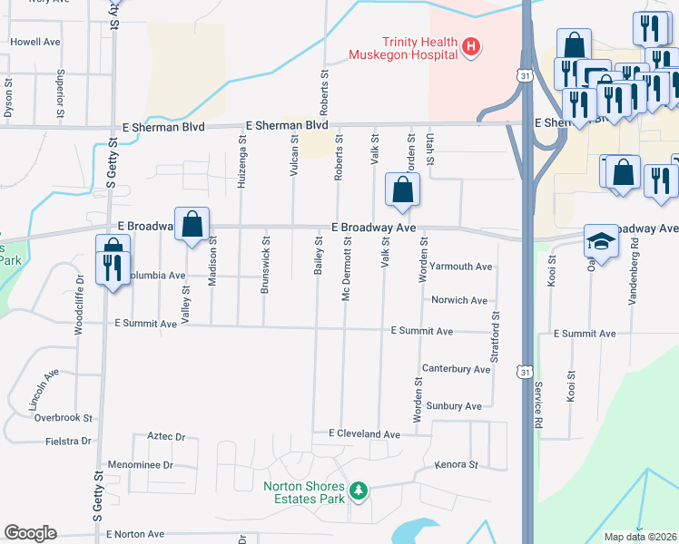 map of restaurants, bars, coffee shops, grocery stores, and more near 2885 Mc Dermott Street in Norton Shores