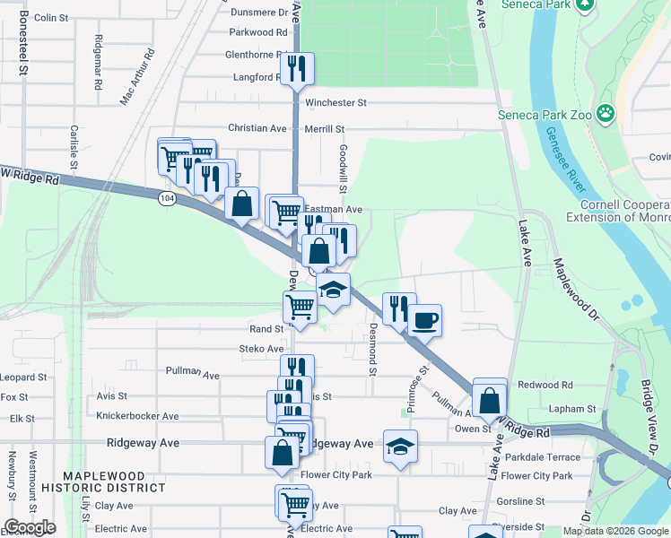 map of restaurants, bars, coffee shops, grocery stores, and more near 1/2 West Ridge Road in Rochester