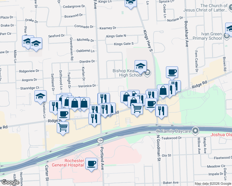map of restaurants, bars, coffee shops, grocery stores, and more near 79 Ridge Port Drive in Irondequoit