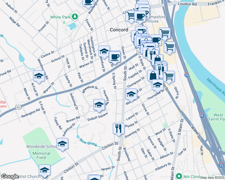 map of restaurants, bars, coffee shops, grocery stores, and more near 16 South Spring Street in Concord