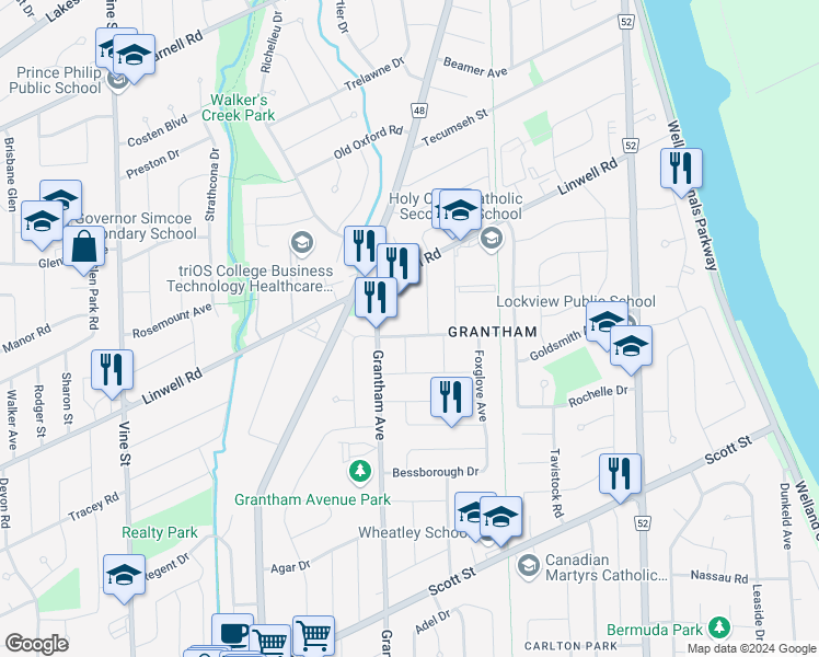 map of restaurants, bars, coffee shops, grocery stores, and more near 9 Tamarack Avenue in St. Catharines