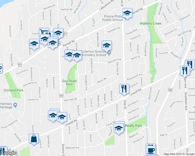 map of restaurants, bars, coffee shops, grocery stores, and more near 5 Grammar Avenue in Saint Catharines