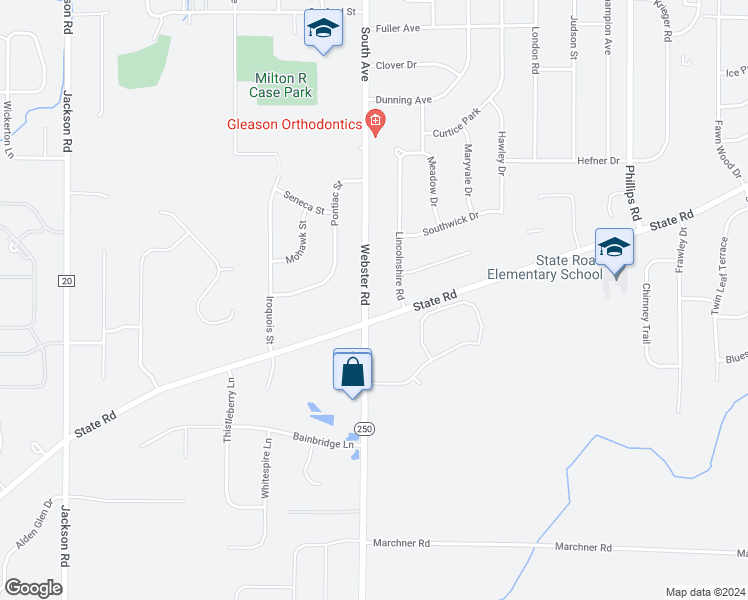 map of restaurants, bars, coffee shops, grocery stores, and more near 1108 Webster Road in Webster