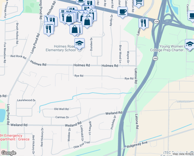 map of restaurants, bars, coffee shops, grocery stores, and more near 195 Rye Road in Rochester